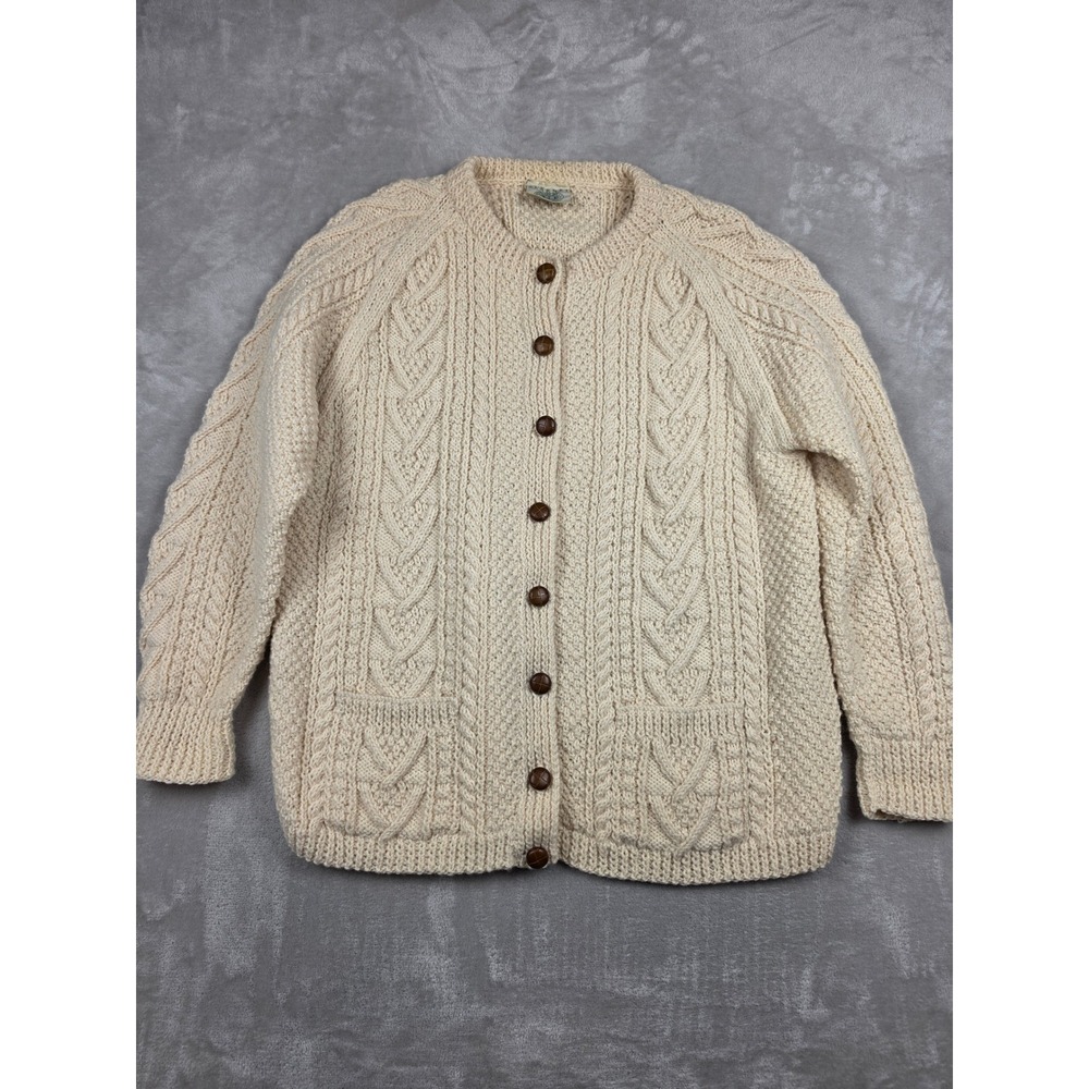 Blarney Woollen Mills Cardigan Women 2XL Cream Hand Knit Aran Wool Sweater *Read